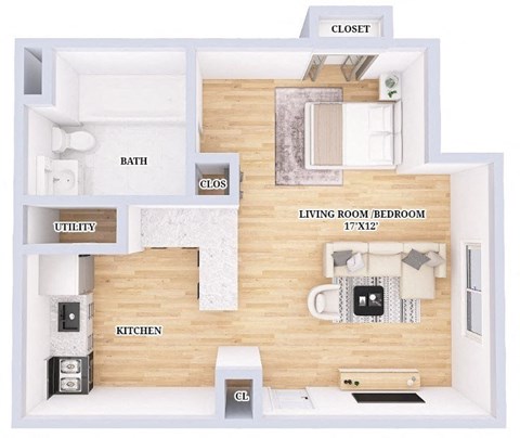 Floor plan for 1 bed, 1 bath, 586 sqft
